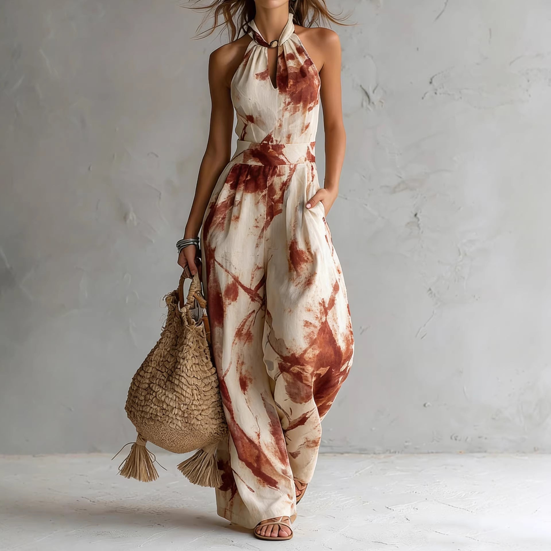Artistic Print Halter Jumpsuit