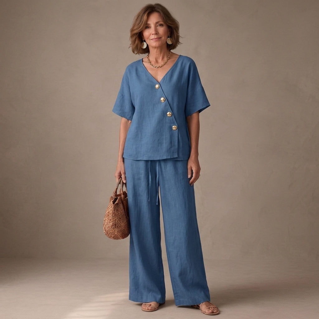 Greta | V-Neck Button Shirt Set