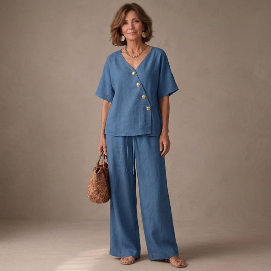 Greta | V-Neck Button Shirt Set