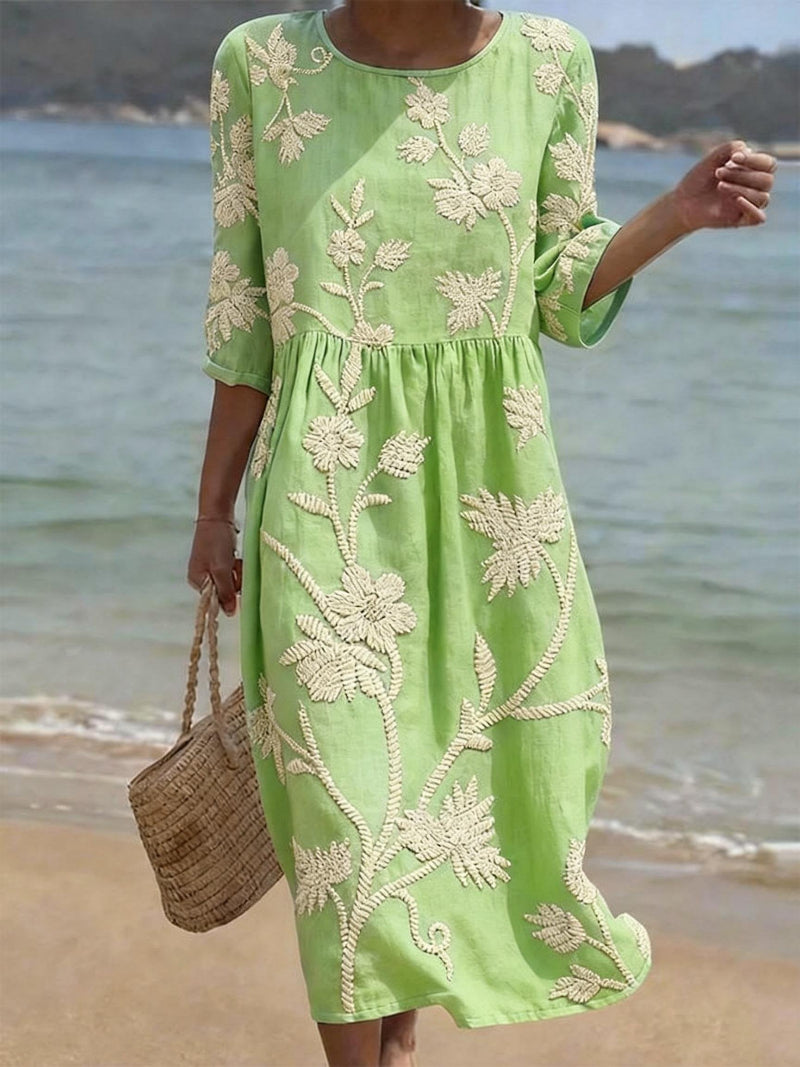 Green Floral Button Midi Dress