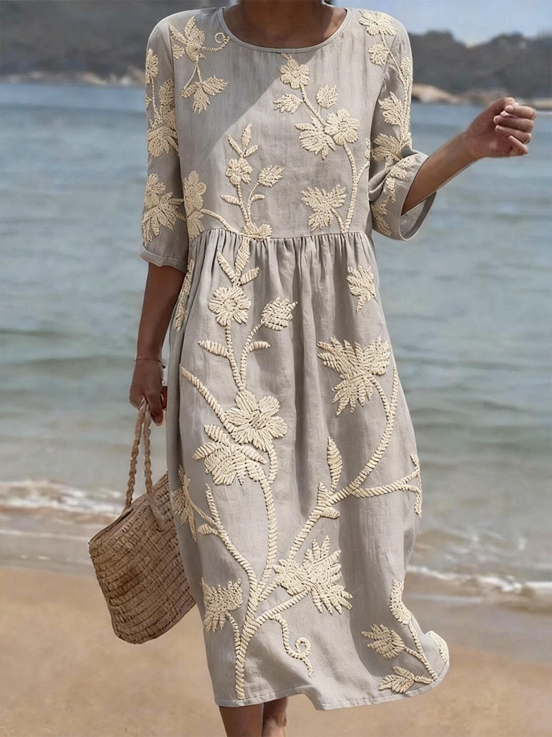 Gray Floral Button Midi Dress