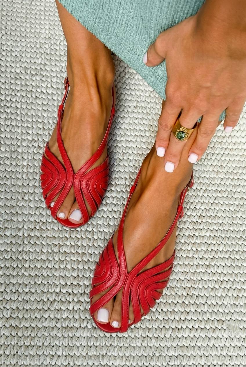 Sandalias de verano de tacón bajo con punta abierta, de color rojo, con diseño de rejilla y tiras de piel