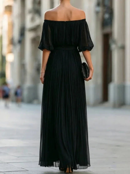 Genevieve | Off-shoulder Chiffon Dress with Ruched Skirt and Side Slit