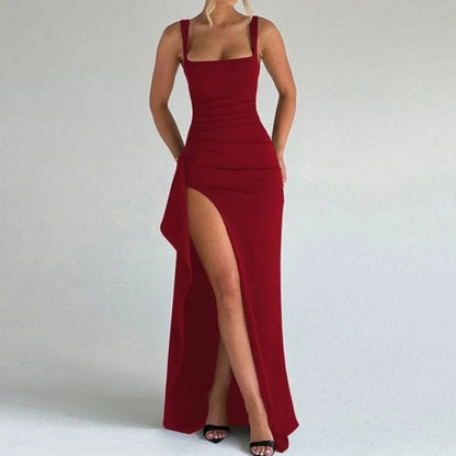 Anastasia | Black Bodycon Maxi Dress with Front Slit and Ruffle Trim