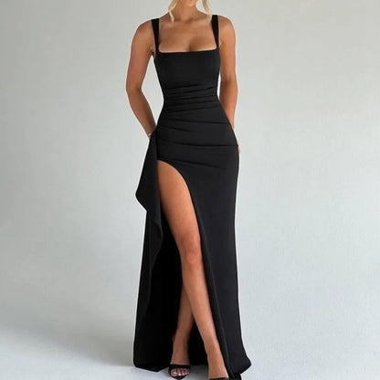 Anastasia | Black Bodycon Maxi Dress with Front Slit and Ruffle Trim