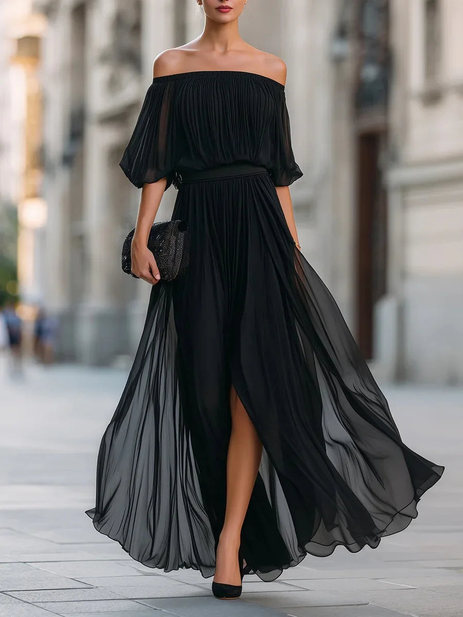 Genevieve | Off-shoulder Chiffon Dress with Ruched Skirt and Side Slit