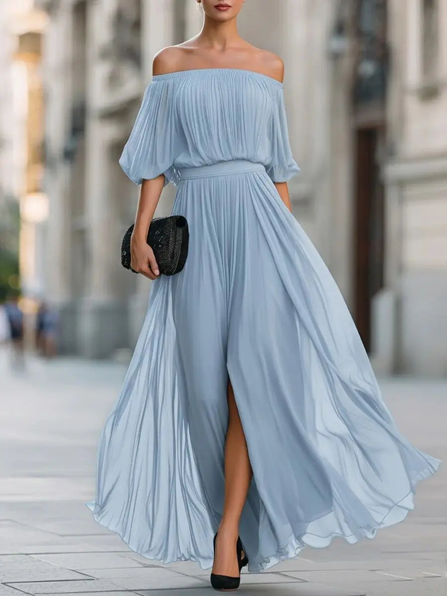 Genevieve | Off-shoulder Chiffon Dress with Ruched Skirt and Side Slit