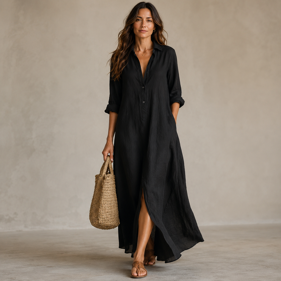 SOLINE | Loose Black Maxi Dress with Buttons