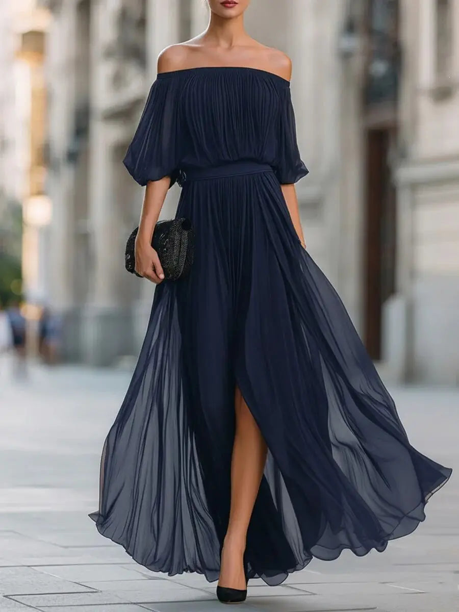 Genevieve | Off-shoulder Chiffon Dress with Ruched Skirt and Side Slit