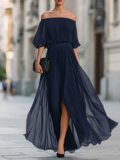Genevieve | Off-shoulder Chiffon Dress with Ruched Skirt and Side Slit
