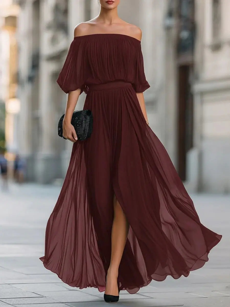 Genevieve | Off-shoulder Chiffon Dress with Ruched Skirt and Side Slit