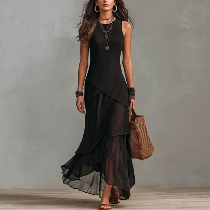 Odette | Black Chiffon Dress with Ruffle Trim and Layered Hem