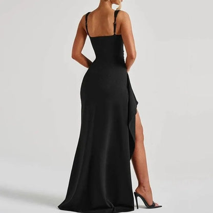 Anastasia | Black Bodycon Maxi Dress with Front Slit and Ruffle Trim
