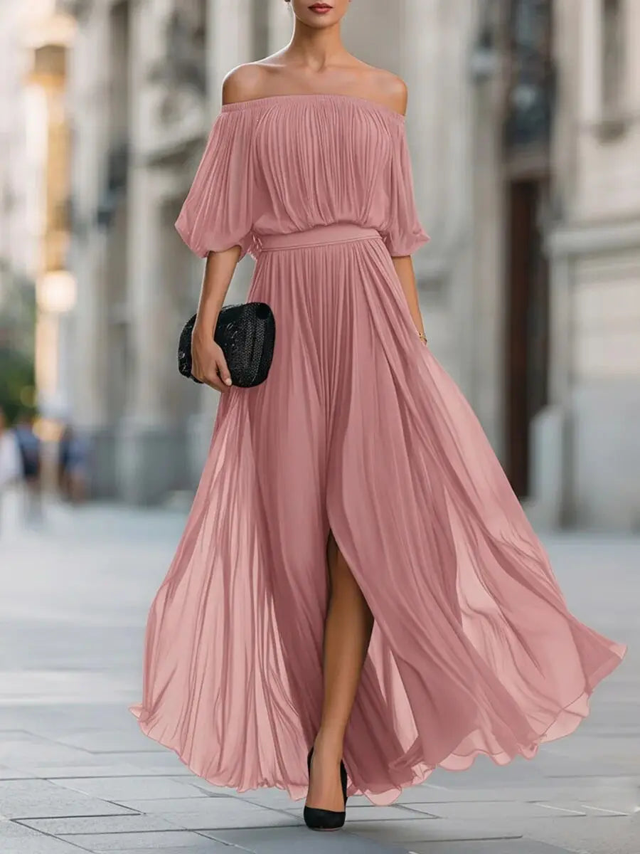 Genevieve | Off-shoulder Chiffon Dress with Ruched Skirt and Side Slit