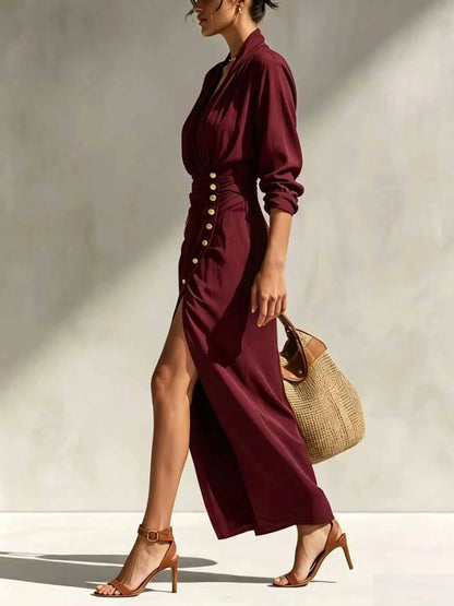 Aurora | Draped V-neck Maxi Dress with Side Button Waist Detail