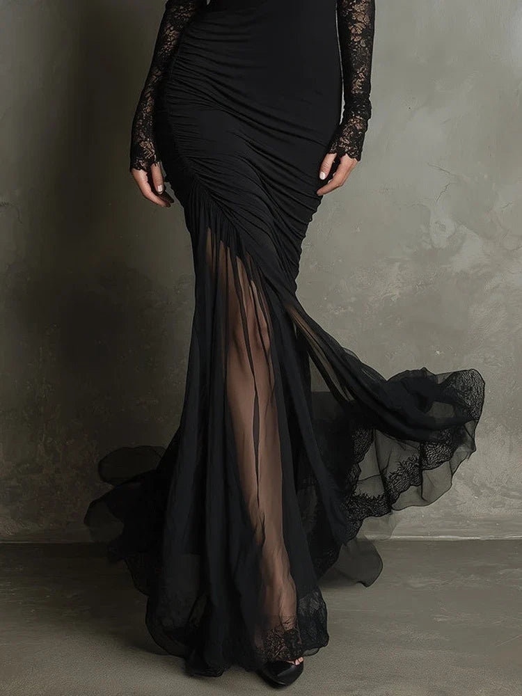 Vivienne | Black Lace Maxi Dress with Deep V-neck and Mermaid Skirt