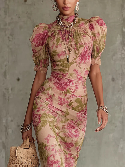 Rosalind | Vintage Rose Puff Sleeve Maxi Dress