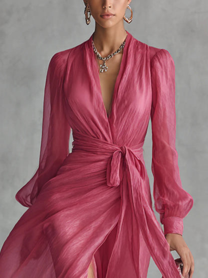 Beatrice | Elegant Chiffon V-Neck Tie-Waist Long Dress