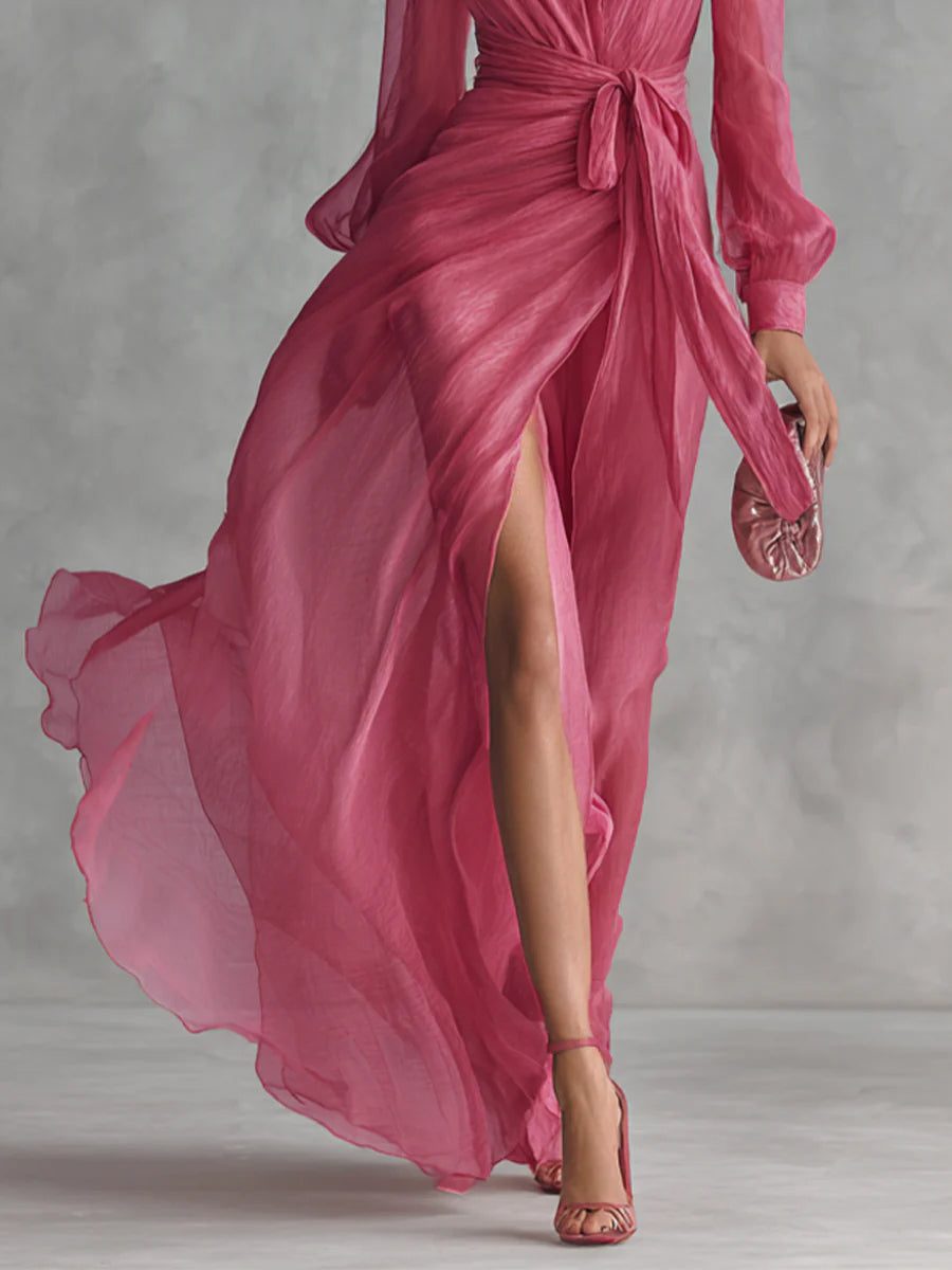 Beatrice | Elegant Chiffon V-Neck Tie-Waist Long Dress