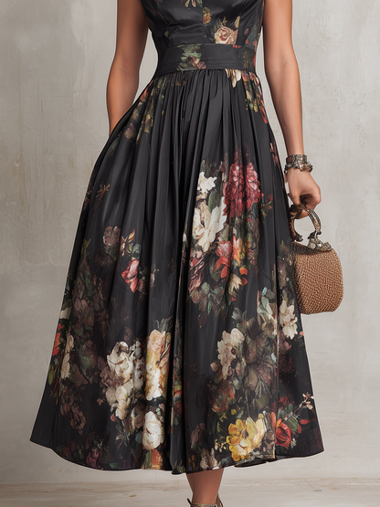 Violette | Black Floral Pleated Satin Midi Dress