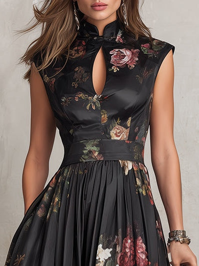 Violette | Black Floral Pleated Satin Midi Dress