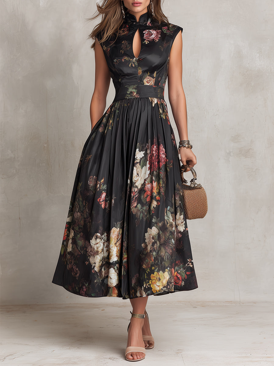 Violette | Black Floral Pleated Satin Midi Dress