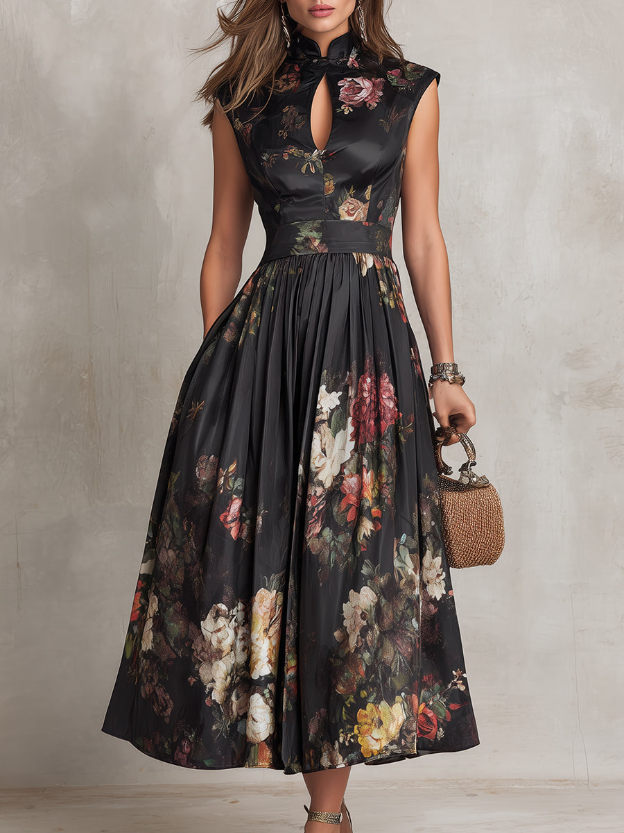 Violette | Black Floral Pleated Satin Midi Dress