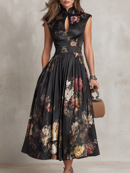 Harlow | Keyhole Floral Pleated Satin Midi Dress