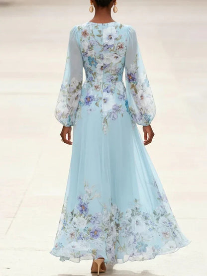 Mia | Light Blue Floral Chiffon V-Neck Maxi Dress