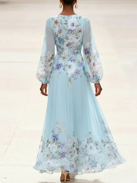 Mia | Light Blue Floral Chiffon V-Neck Maxi Dress