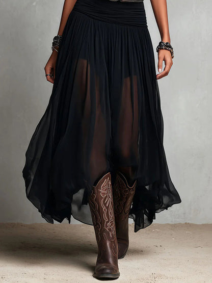 Thaïs | Black Sleeveless Tulle Maxi Dress with Belt