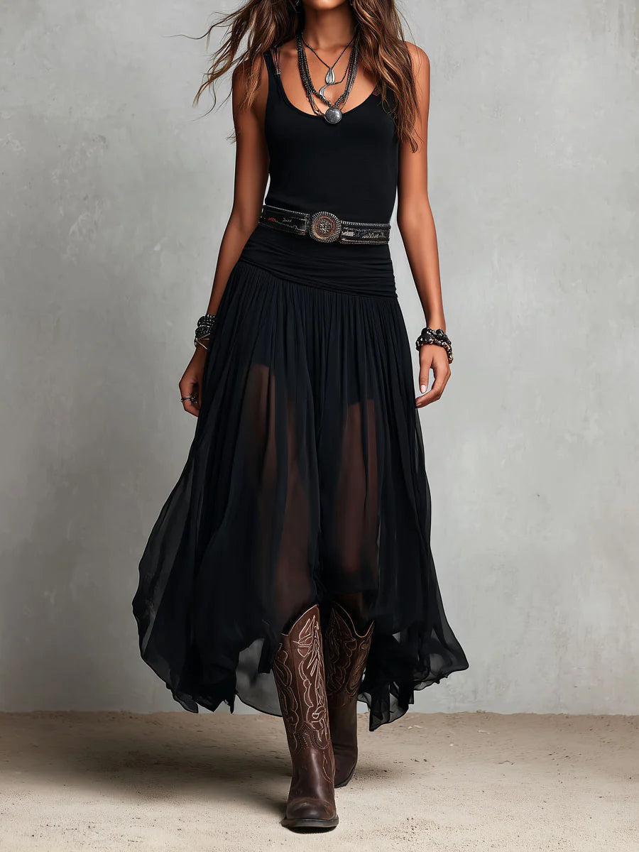 Thais | Black Sleeveless Tulle Maxi Dress with Belt