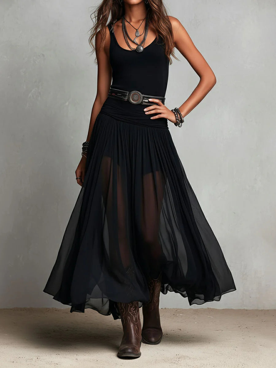 Thais | Black Sleeveless Tulle Maxi Dress with Belt