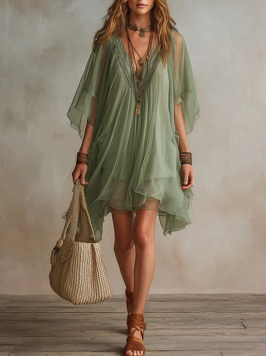 Green V-Neck Layered Flowy Mini Dress