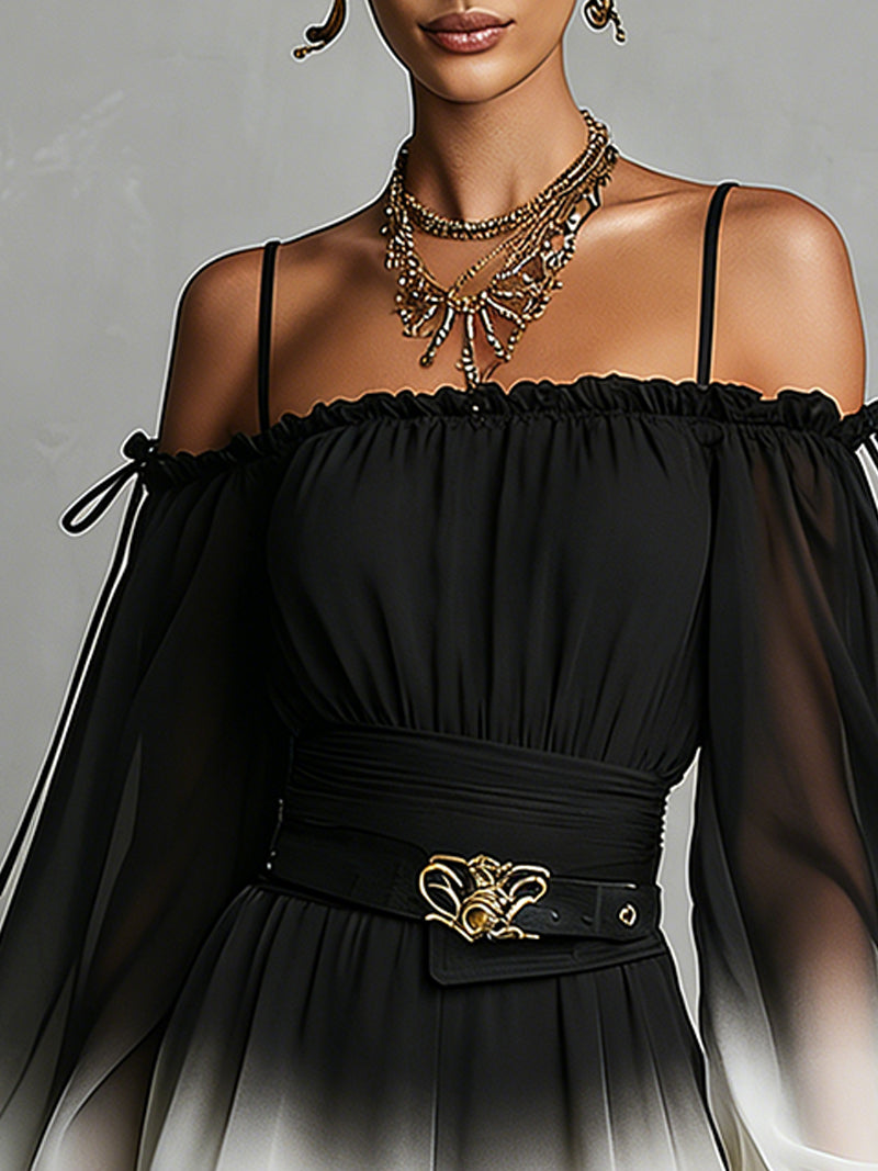 Black and White Gradient Off-Shoulder Gradient Jumpsuit