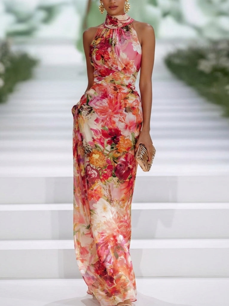 Carmen | Floral Halter | Neck Chiffon Maxi Dress
