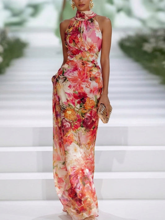 Carmen | Floral Halter | Neck Chiffon Maxi Dress