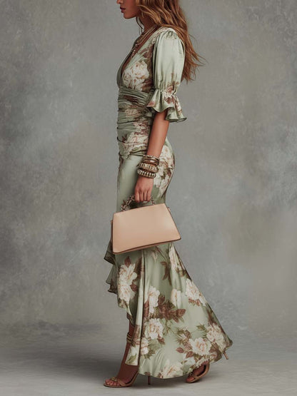 Ophelia | Bell | Sleeve Satin Asymmetrical Maxi Dress