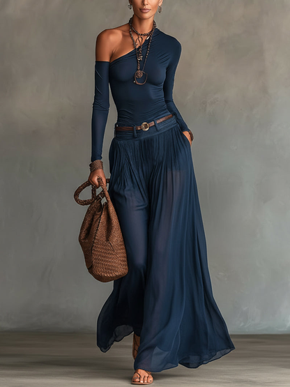 Lore | Navy One-Shoulder Top and Skirt Two-Piece Set