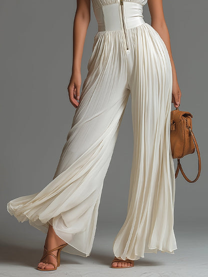 Lea | White Wide-Leg V-Neck Chiffon Jumpsuit