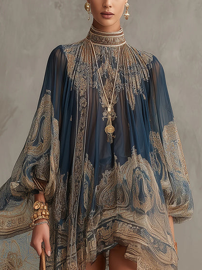 Agathe | Navy Baroque Asymmetric Chiffon Mini Dress