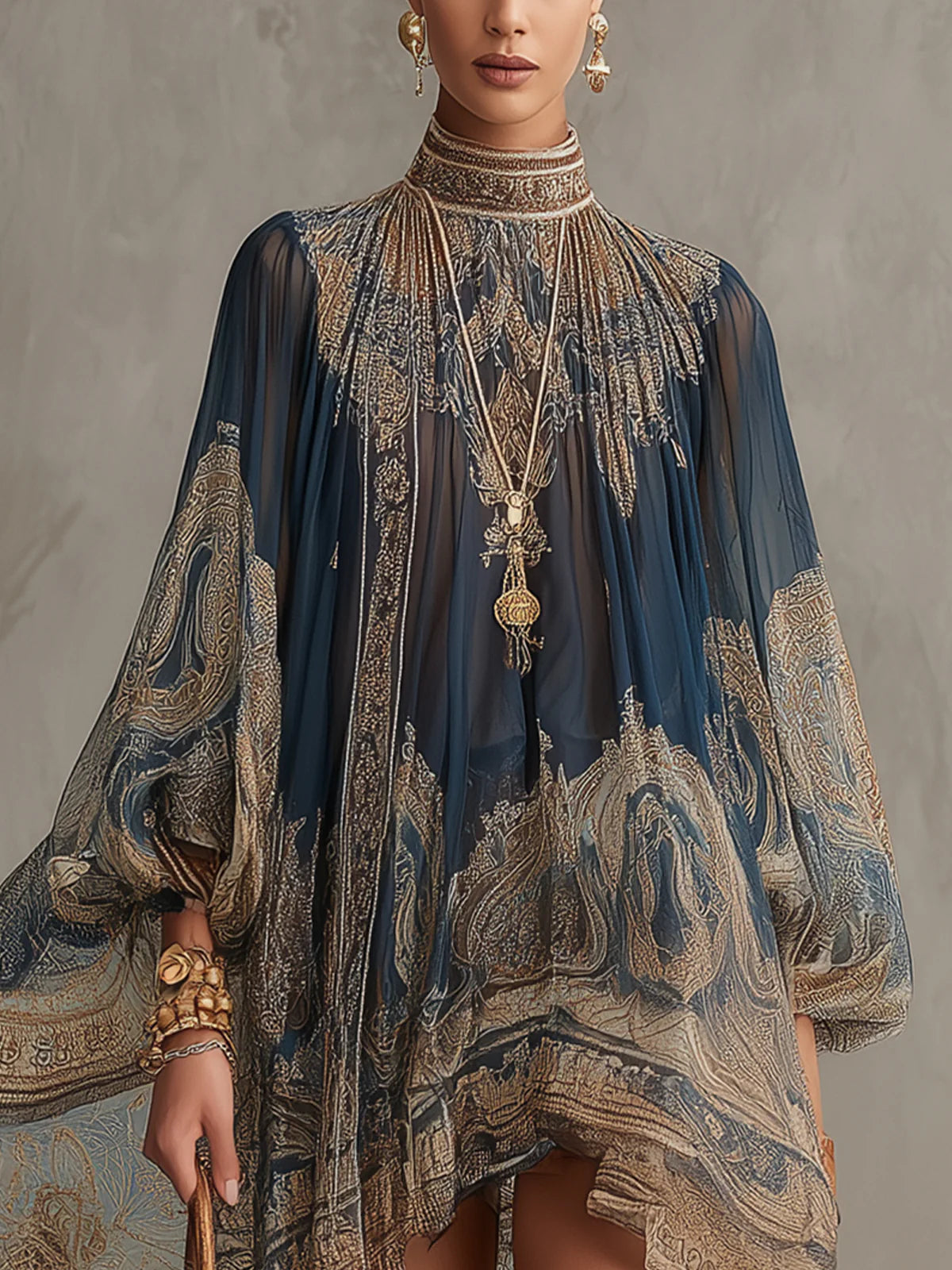 Bianca | Navy Blue Baroque Print High-neck Irregular Chiffon Mini Dress