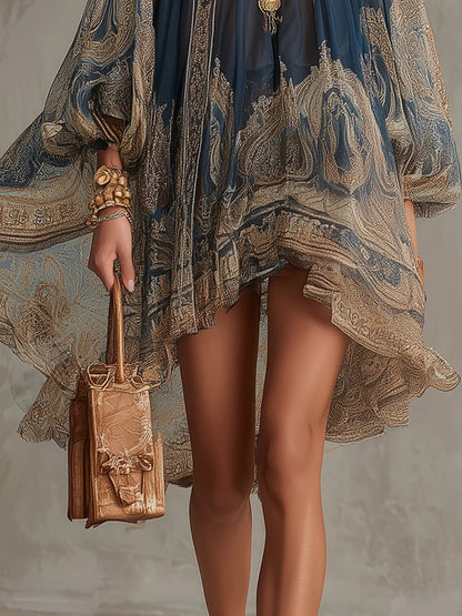 Navy Blue Baroque Print High-Neck Irregular Mini Dress