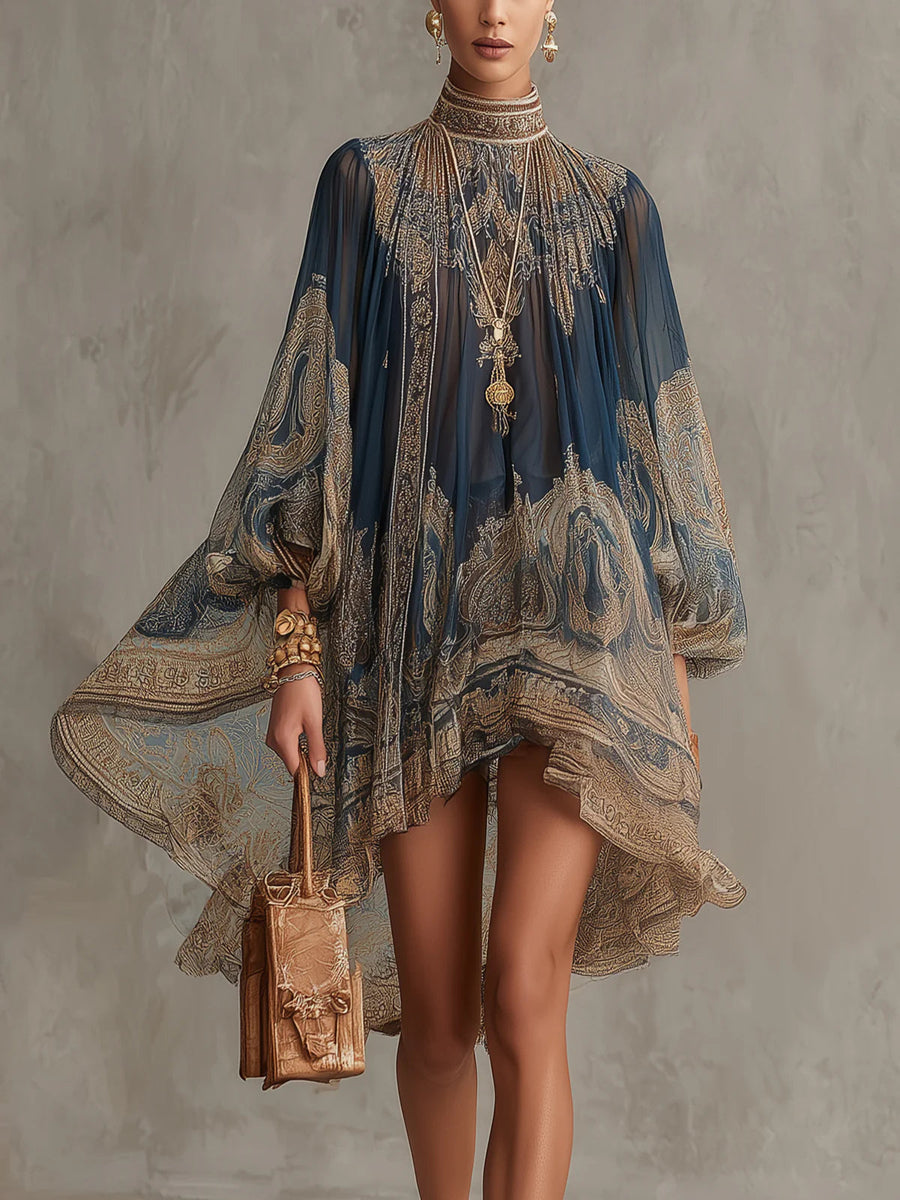 Agathe | Navy Baroque Asymmetric Chiffon Mini Dress