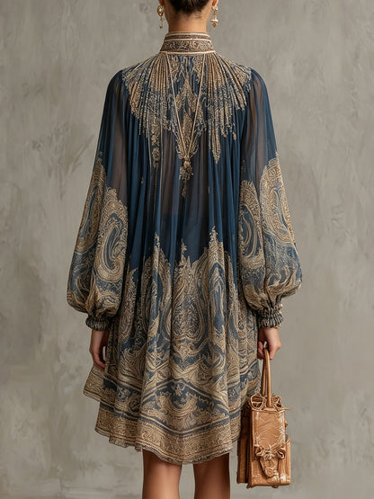 Navy Blue Baroque Print High-Neck Irregular Mini Dress