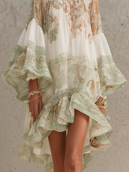 Green Print Ruffle Hem Flounce Sleeve Mini Dress
