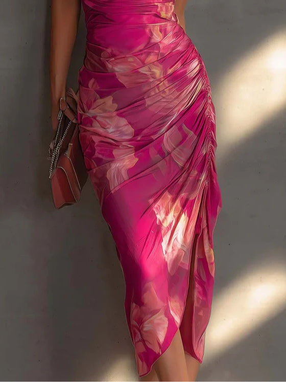 Selene | Floral Ruched Side | Split Bodycon Dress