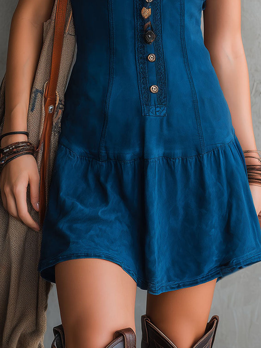 Indira | Indigo Button | Down Sleeveless Mini Dress