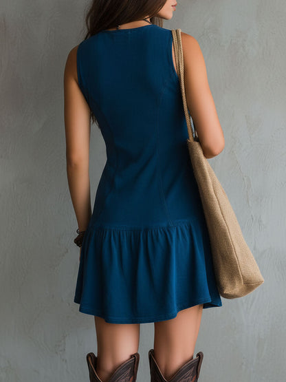 Indira | Indigo Button | Down Sleeveless Mini Dress