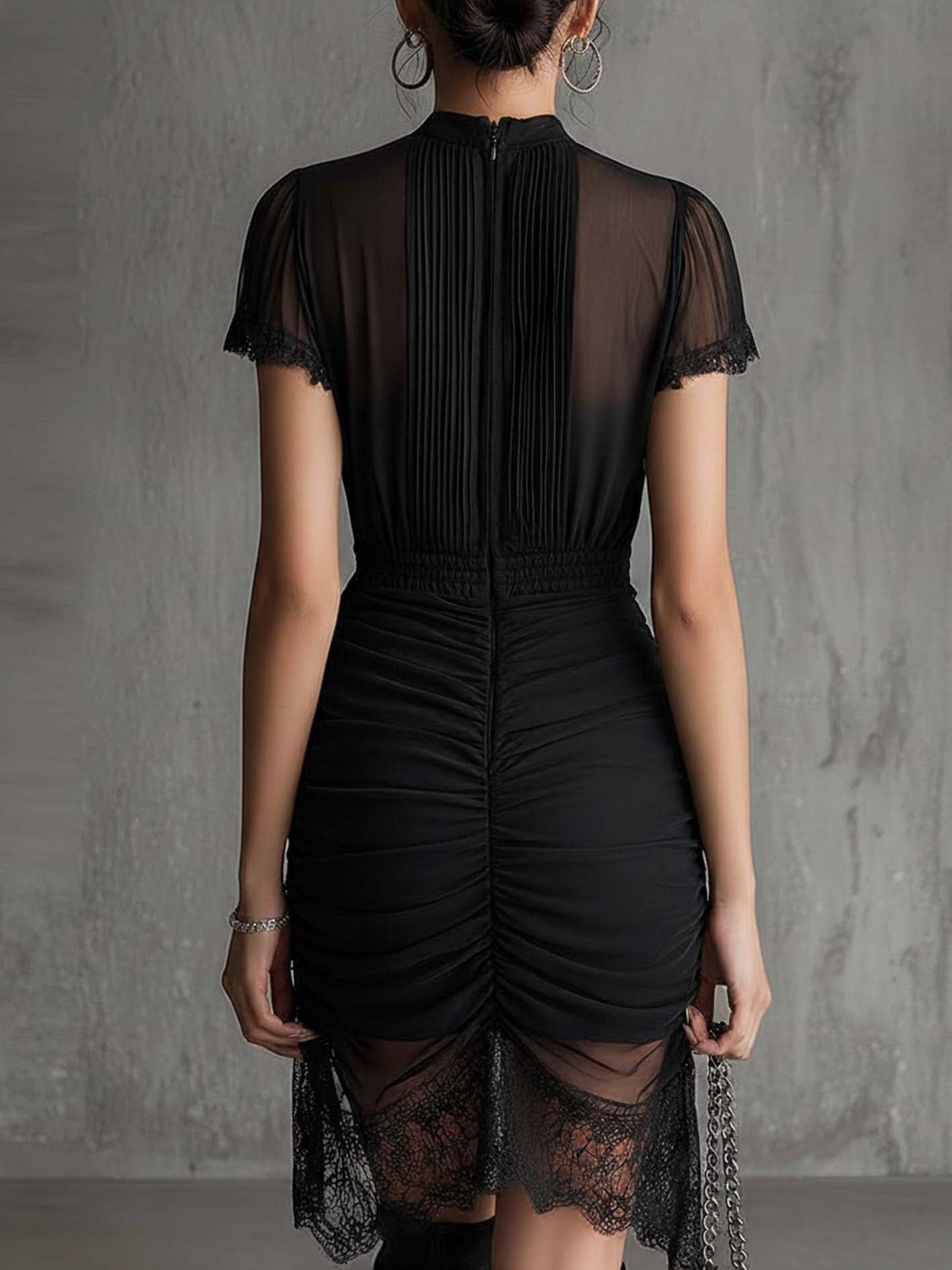 Black Chiffon Pleated Waist Lace-Trimmed Mini Dress
